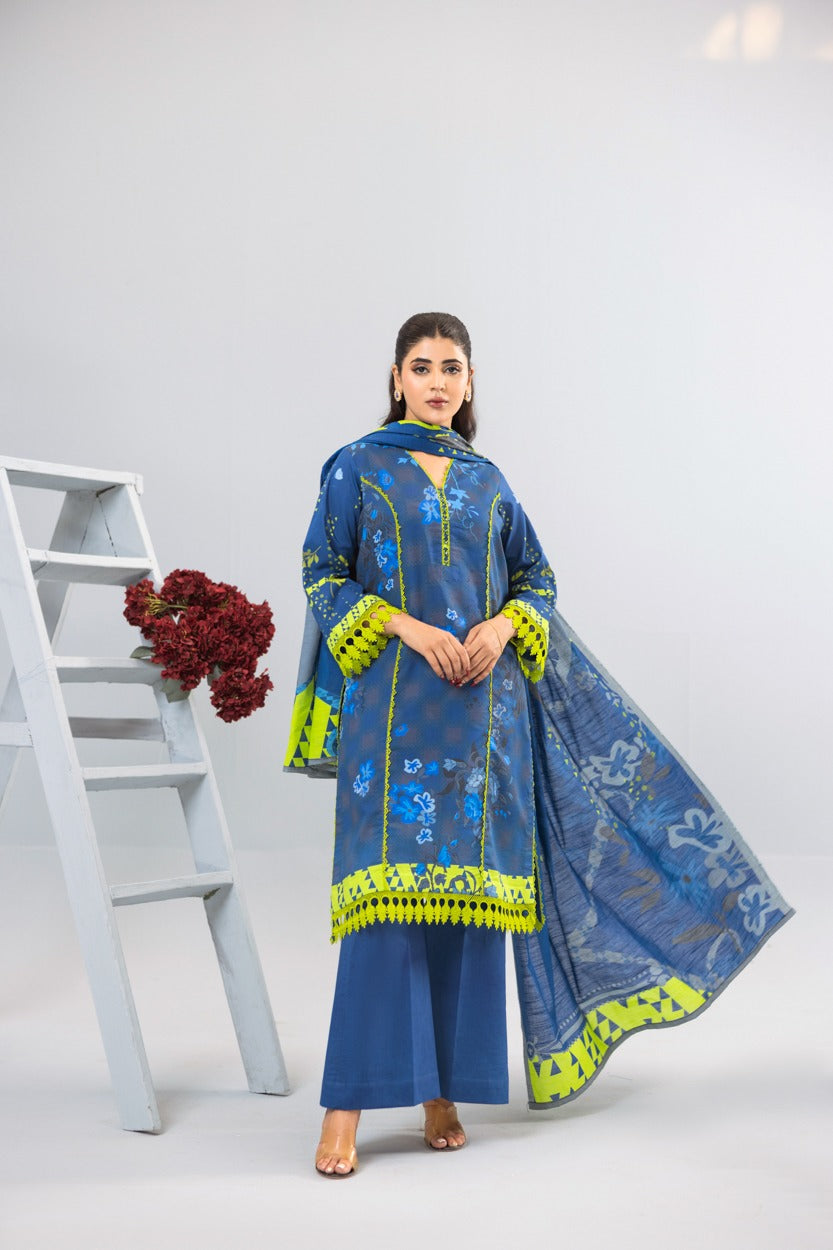 3pc Lawn suit With Dyed Trouser
