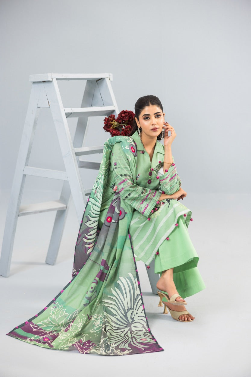 3pc Lawn Suit With Dyed Plain Trouser