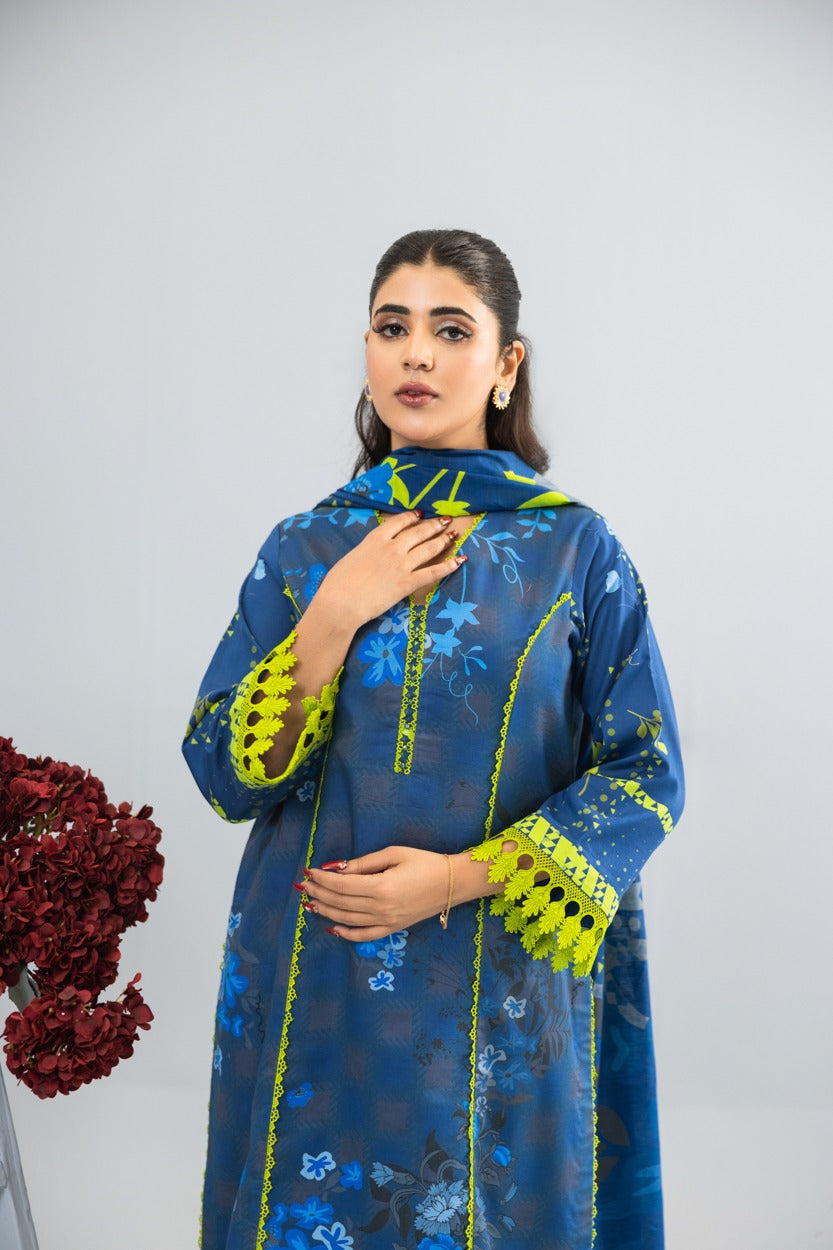 3pc Lawn suit With Dyed Trouser