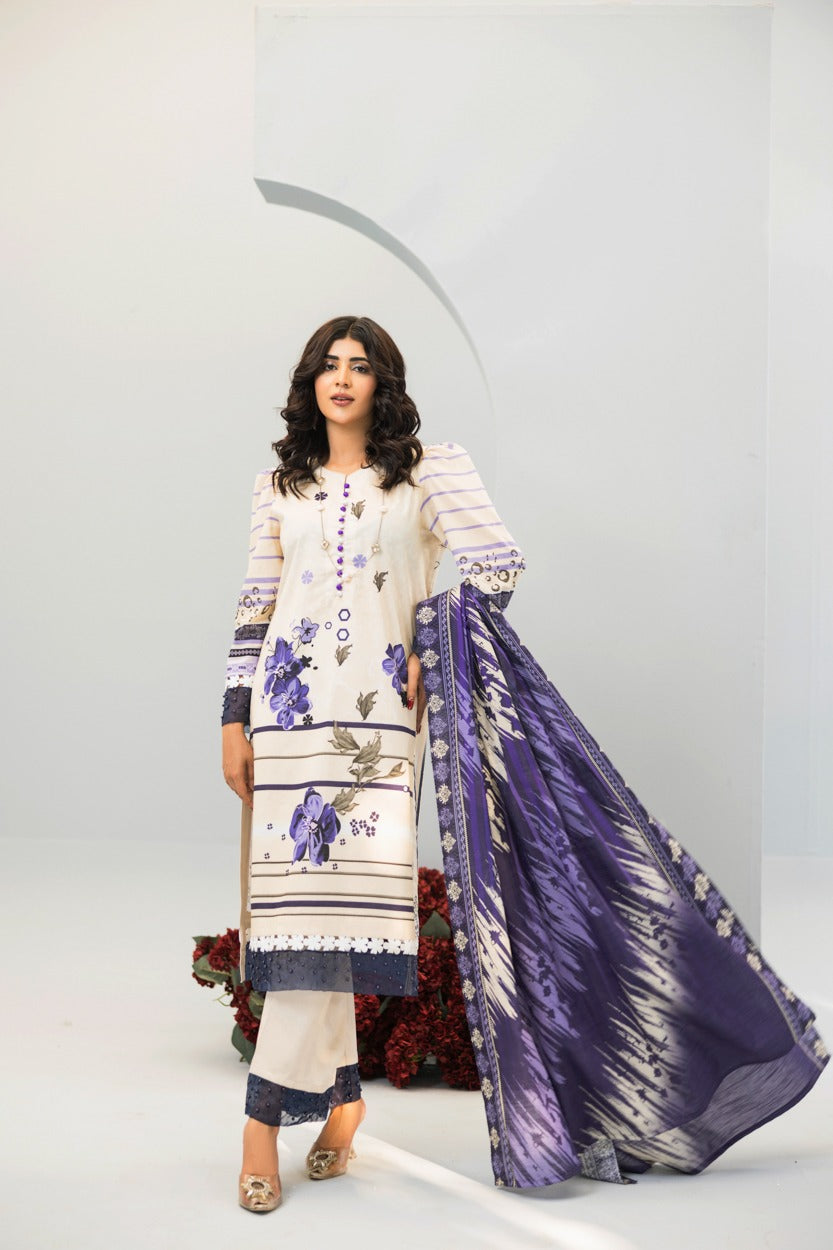 3pc Lawn Suit With Dyed Plain Trouser