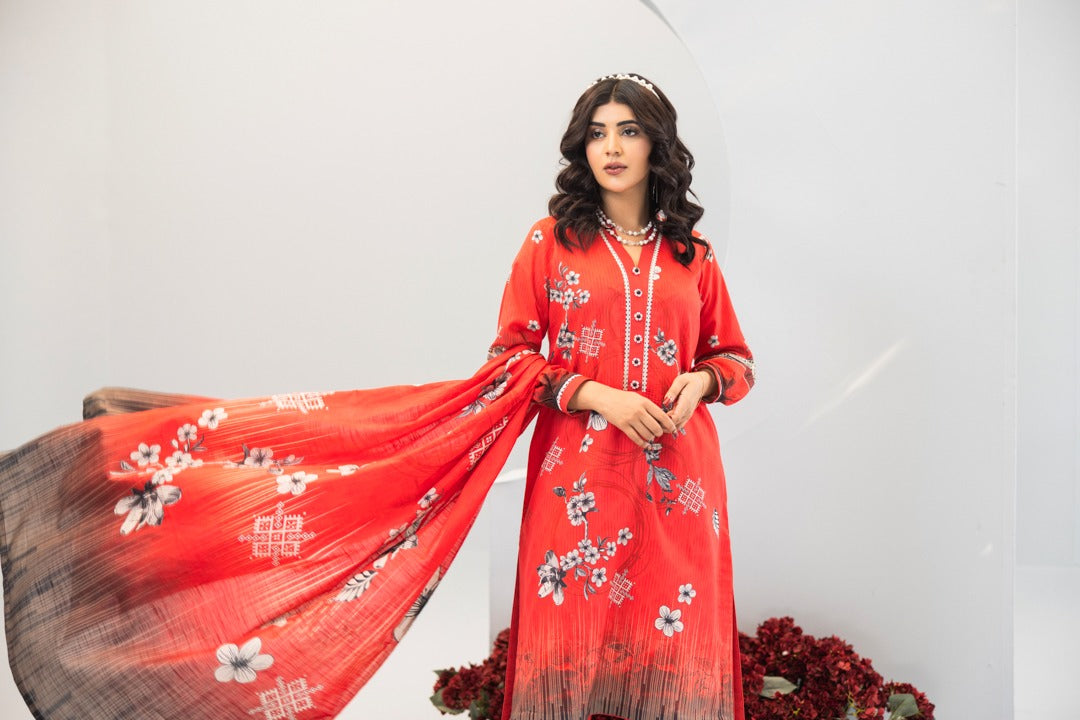 3pc Lawn suit With Dyed Trouser