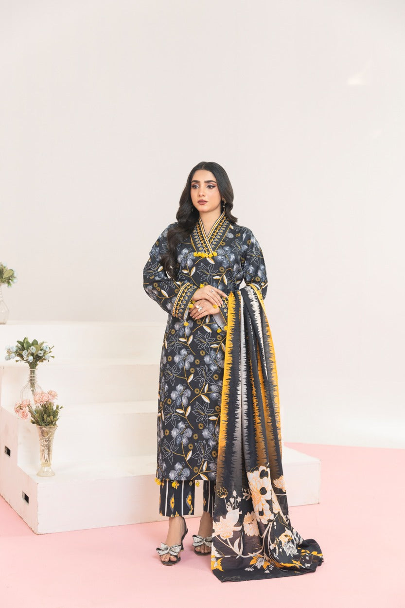 3PC PRINTED LAWN BLACK SUIT