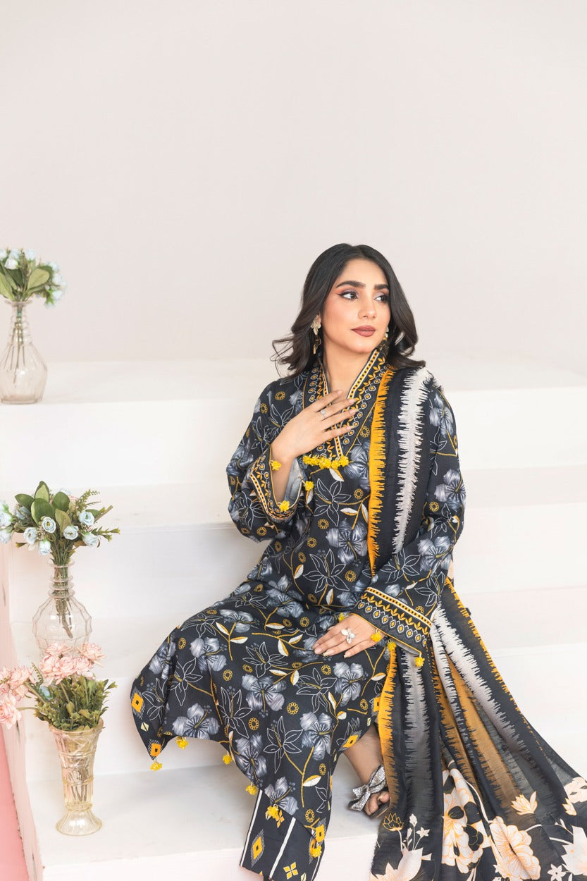 3PC PRINTED LAWN BLACK SUIT